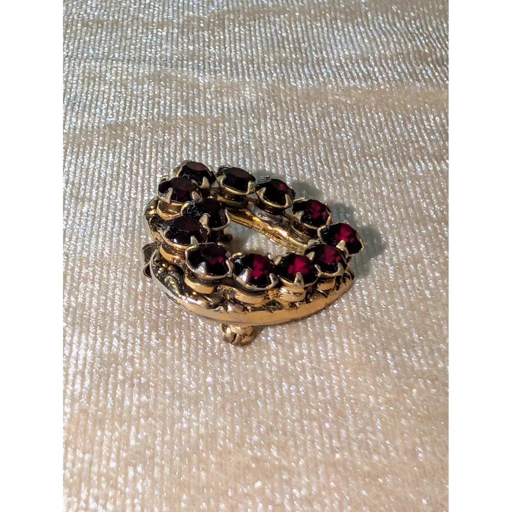 Vintage Gold Tone Red Rhinestone Heart Brooch Pendant Victorian Revival Pin‎